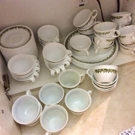Corelle Livingware and Pyrex plates, saucers, coffee and teacups. Made in USA.