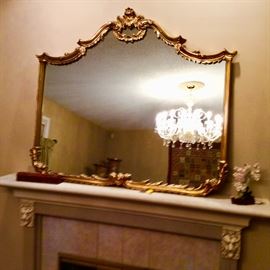 Ornate framed mirror in the Baroque style. Jade tree figures. Wood incense box