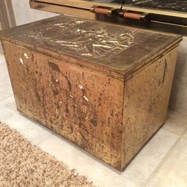 Golden aged metal lidded storage box with embossed scenes