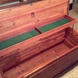 Interior of full sized Lane cedar chest. Felt lined top compartments. Durable 1940s construction.