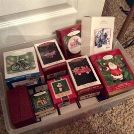 Boxed Hallmark collector Christmas ornaments.