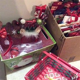 Holiday decor, baskets and bags.