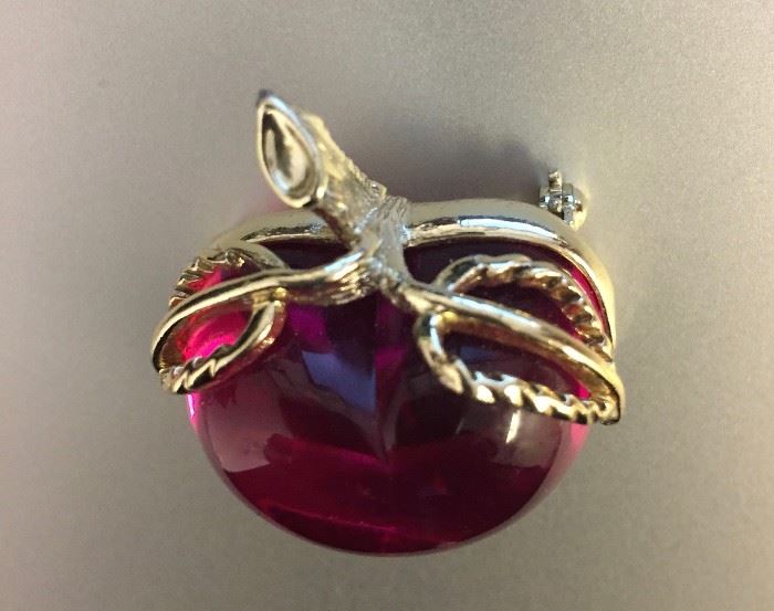 Sarah Coventry burgundy lucite cherry brooch.