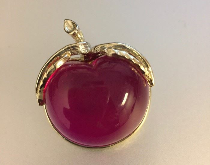 Sarah Coventry burgundy lucite cherry brooch.