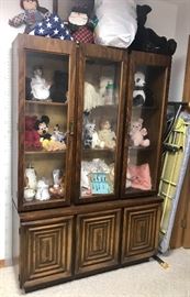 China Cabinet loaded with Stuffed Bears and Antique Doll