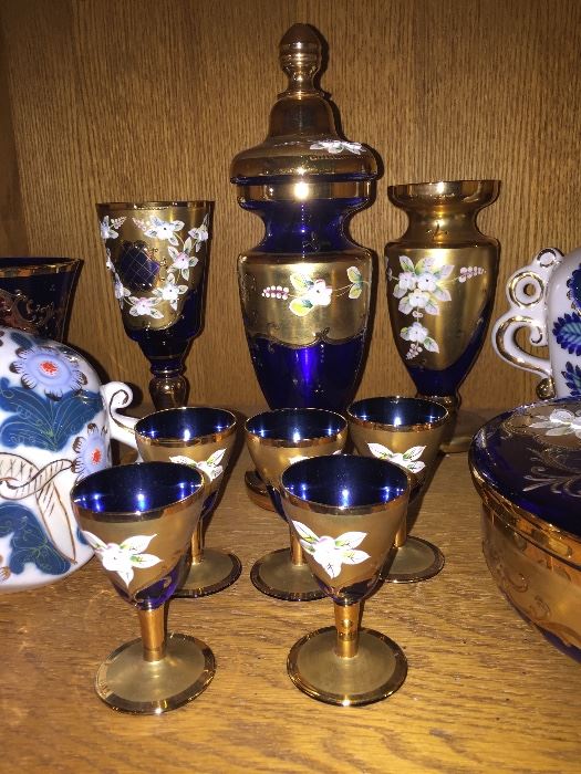 Bohemia Egermann Czech Bohemian Glassware with 24K gilding, high-raised enamel floral decoration in ruby red, cobalt blue and green