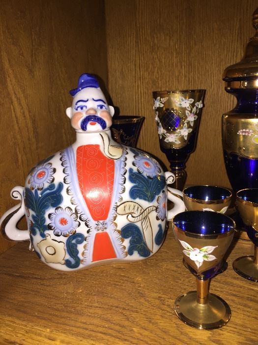 Bohemia Egermann Czech Bohemian Glassware with 24K gilding, high-raised enamel floral decoration in ruby red, cobalt blue and green. Decanter made in USSR