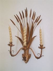 Pair of Vintage Wall-mount Candelabras in "Wheat" Design and Gold Gilt. Back to the days of Hollywood Regency!