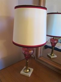 Pair of Vintage Dresser Lamps, cranberry etched glass, marble base