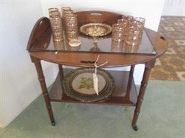 Serving Cart on Wheels, all sides drop, bamboo styling. 24 karat gold Bar Ware by Imperial