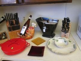 Lenox Christmas Chip and Dip, Several Knife Sets. Also a Vintage Coal Scuttle Shaped Ice Bucket, "C & O Railroad Chessie The Cat"