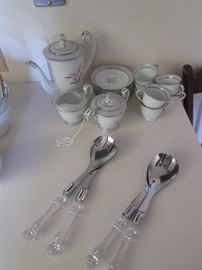 Noritake Demitasse Snack Set with Cups/Saucers, Cream/Sugar and Coffee Pot. Pattern "Pink Lily of the Valley"