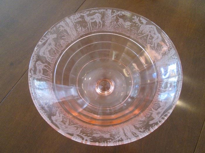 Stunning Pink Etched Depression Glass Footed Bowl by "Paden City", Black Forest Stag and Hound Theme