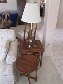 Variety of older and unique Accent Tables.  The Square Lamp Table also houses 2-Nesting Tables.  Nice detail on table top