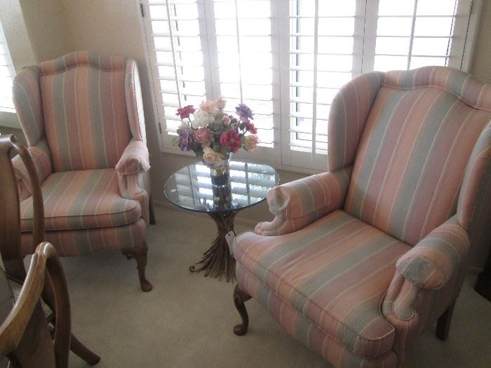 2-Matching Wing-Back Chairs by Cavalier, Multi-tone Stripe