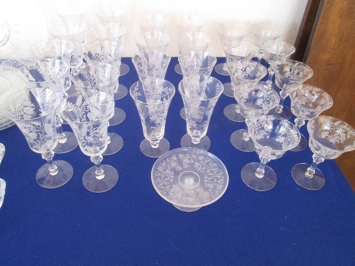Etched "Fostoria" Stems in varying sizes plus a lovely Footed Desert Plate
