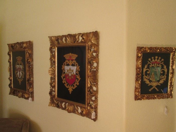 Very Unusual Coat of Arms Display.  The Frames are European from the 1940's and in excellent condition!  The Coat of Arms are done in Appliquéd Fabric.