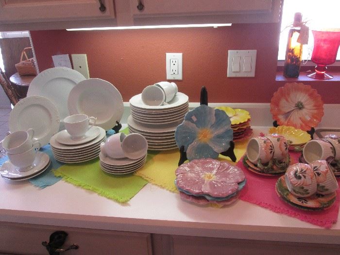 "Fitz and Floyd" Flowered Plates, Cups/Saucers and Bowls.  Also "Studio Nova" Petite Lily White Dish Set, Service for 8.