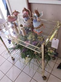 Cute Brass Cart on Wheels, Featuring Angels by "Willow Tree" and "Jim Shore".