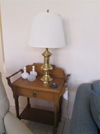 Older Side Table with handles and back gallery.  Hobnail Milk Glass pieces