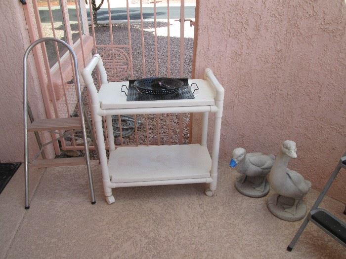 Rolling Cart, Step Stool and 2 Very Cute Cement Ducks