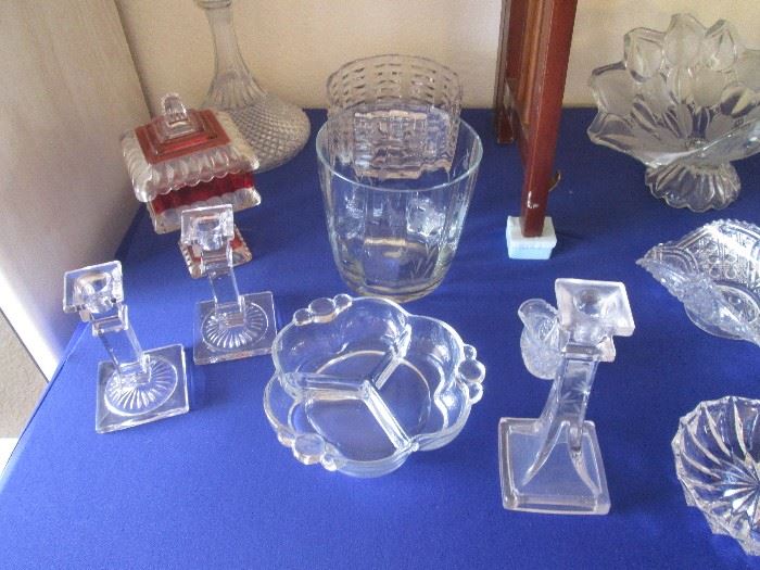 Several Decanters, and a beautiful Cranberry/Clear Footed, Covered Candy Dish