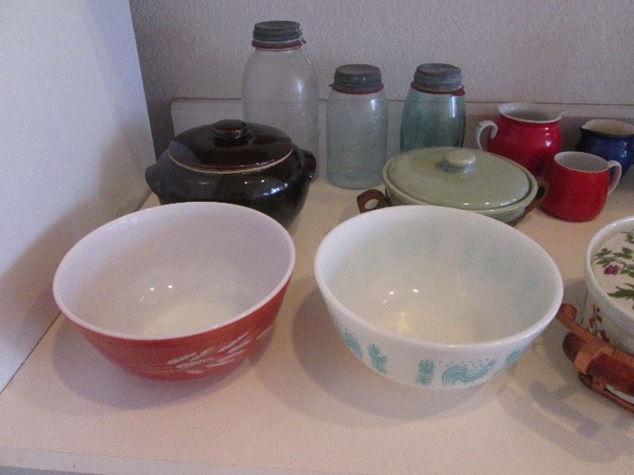 Vintage Pyrex Mixing Bowls, Covered Casseroles, Old Jars and a Bean Pot