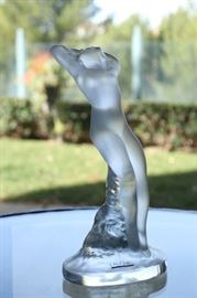 10) Car mascot shape, lady reclining kneeling backwards, frosted, signed 
Size: 7 3/8 Inches High x 4 3/8 Inches Wide
Asking Price: $350