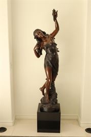 14) Mathurin MOREAU (1822-1912) unusual pair of large of bronze lamps, titled: " Day & Night ", casting Val D' Osne
Size: 5 ft 2 Inches High (w/o Stand) x 16 Inches Wide
76.5 Inches High w/ Stand.  
Asking Price: $25,000