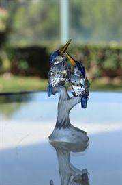 18) Swarovski Malachite Kingfisher Birds Figurine Sapphire Topaz Crystal Retired - Kingfishers perched on frosted base with topaz beaks and sapphire hood, tails, and spots.
Size: 3&nbsp;5/8 Inches High&nbsp;x 2 Inches Wide
Asking Price: $135