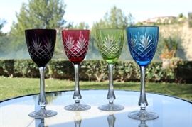 20) Set of 4 Faberge Crystal Odessa Colored Hock Wine Glasses.  Stamped Faberge on base.
Size:  8-1/4 Inches High x 3 Inches Wide
Asking Price: $320