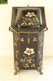 30)  Antique Victorian Hand Painted Coal Scuttle w/ Tools
Size: 24 Inches High x 12 Inches Wide x 9.5 Inches Deep
Asking Price: $425