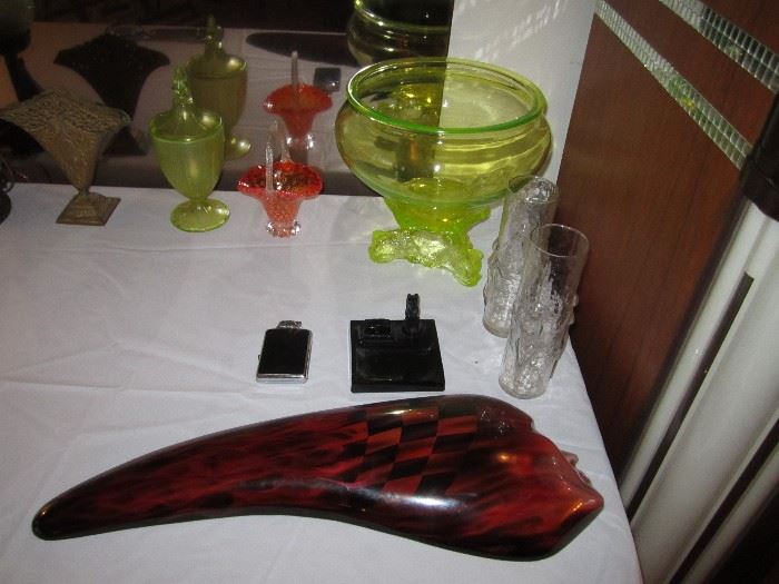 Vaseline glass punch bowl, nude figural vases, Murano art glass basket