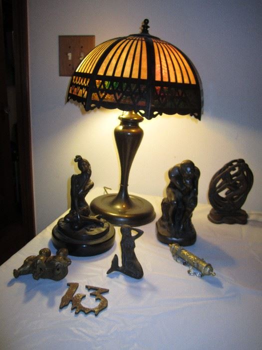 Bronze figures and book ends, Art Deco lamp