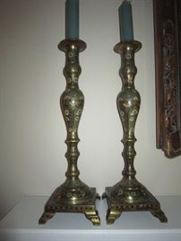 Pair of brass and enamel candlesticks