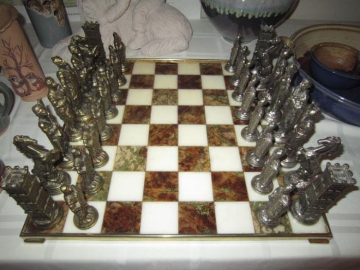 Stone and cast metal chess set