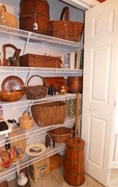 Antique & Primitive items, baskets, butter churn, dove-tailed box, etc