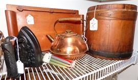 Wooden sugar firkin, Chattanooga sad iron, etc