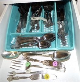 Antique silverplate serving utensils, stainless steel silverware set