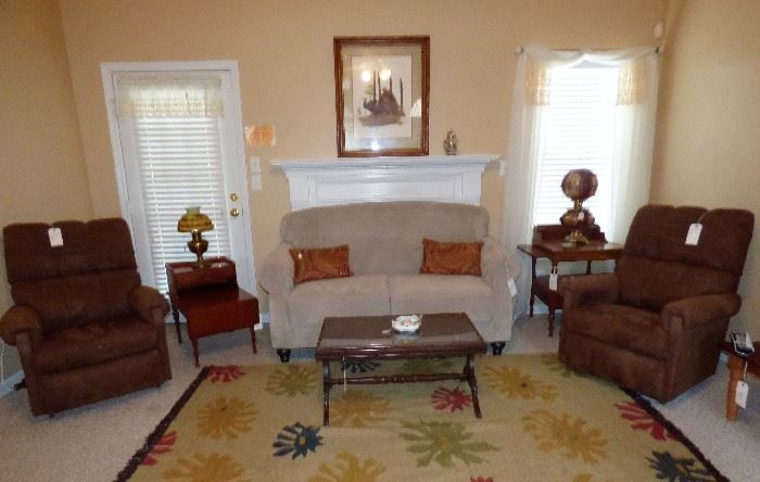 La-Z-Boy recliners, 2 cushion sofa, cherry end tables, vintage coffee table