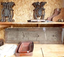 Unusual decorated antique door panel, cast iron legs for benches