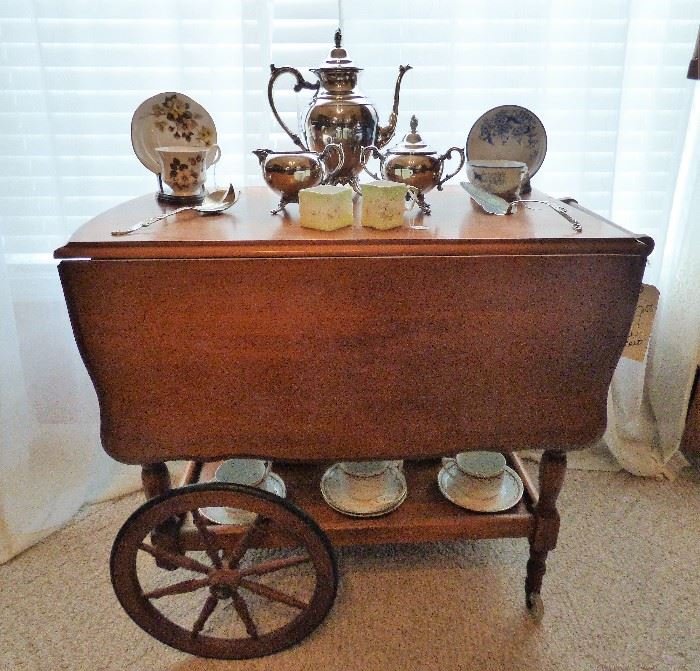 Vintage Rolling Tea Cart, Silverplate Coffee Service