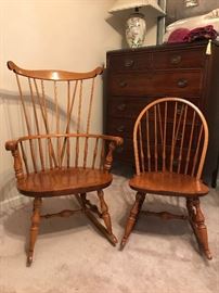 Nichols and Stone maple rocking chairs.  The one on the left is from the 1950-1960's.  The one on the right is a little older and is called a "sewing" or "nursing" chair.