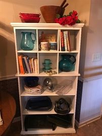 Very nice kitchen book shelf/cabinet and various accessories.  Check out that super cool wooden bowl on the top.