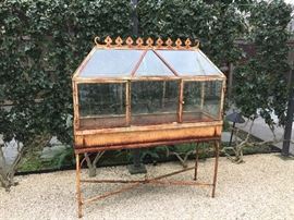  Orchid hot house - beautiful patina on this iron and glass Wardian Case  It measures 54"w x 17"deep x 64"high. asking $1900