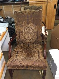 Wonderful pair of chairs upholstered in rich brown toned fabric 24"w x 24"d x 43.5h 
