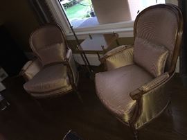 Wesley Hall french provincial custom chairs and wonderful table.   Chairs are 26" x 25.5 d x 38.5 asking $800  for the pair originally 2400, table is 18"w x 14"d x 25.5"h $160