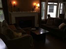 Pair of three cushion mohair upholstered Wesley Hall sofas, marble top coffee table and accessories for sale.  Will try to get a photo with more light - sofas are a rich tobacco color. 79.5"l x 40"w x 39"h down blended cushions, gorgeous! asking $2600 for the pair