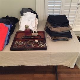 Jewelry, watches, t-shirts, pants other items for sale