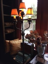 Vintage typewriter, floor lamp and vase